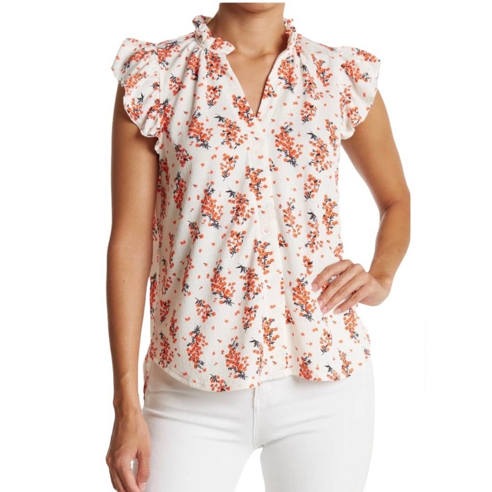 Nordstrom MELLODAY Ruffle Trim Neck Front Button Floral Print Top Size S - Picture 1 of 10